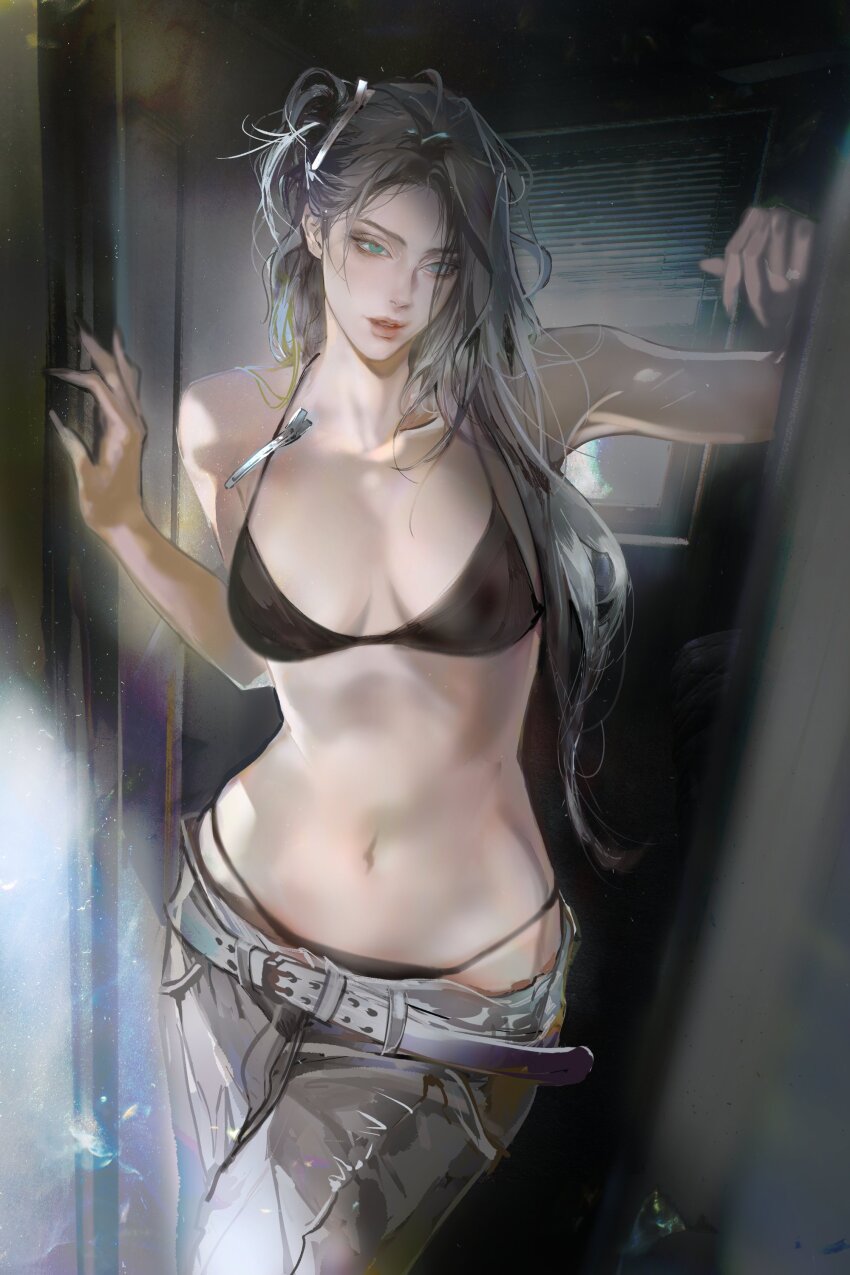 1girl, absurdres, bare_shoulders, belt, bikini, black_bikini, black_hair, breasts