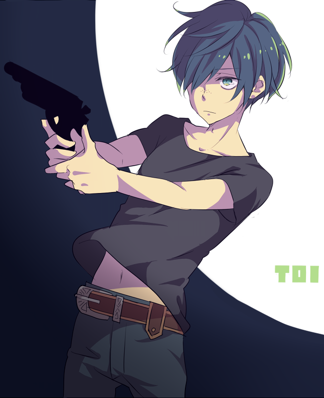 1boy, adam's_apple, aiming, belt, black_shirt, brown_belt, character_name, closed_mouth