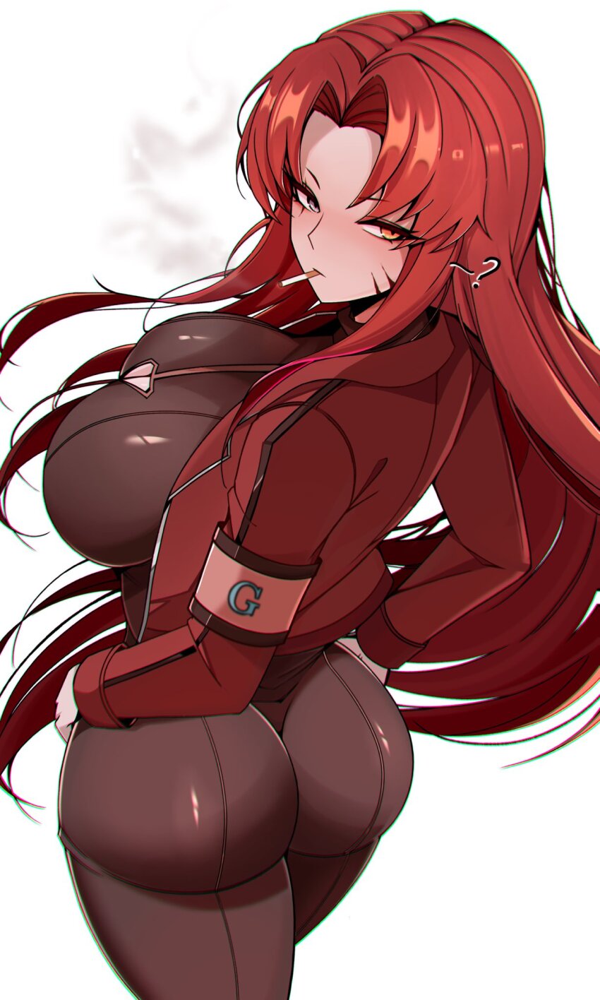 1girl, ?, ass, cigarette, from_behind, gebura_(project_moon), highres, library_of_ruina