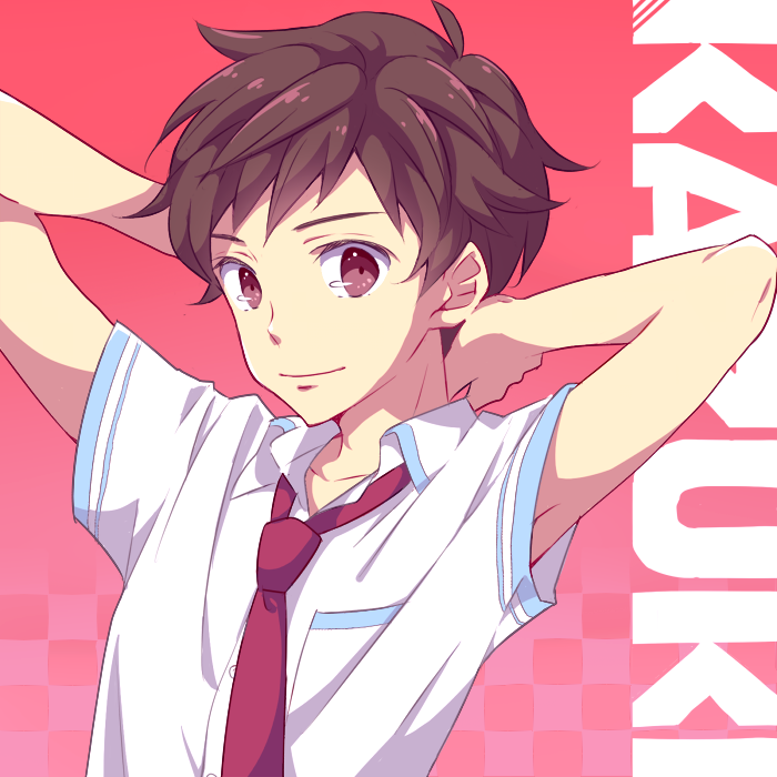 1boy, arms_behind_head, brown_eyes, brown_hair, cocchi, collarbone, looking_at_viewer, male_focus