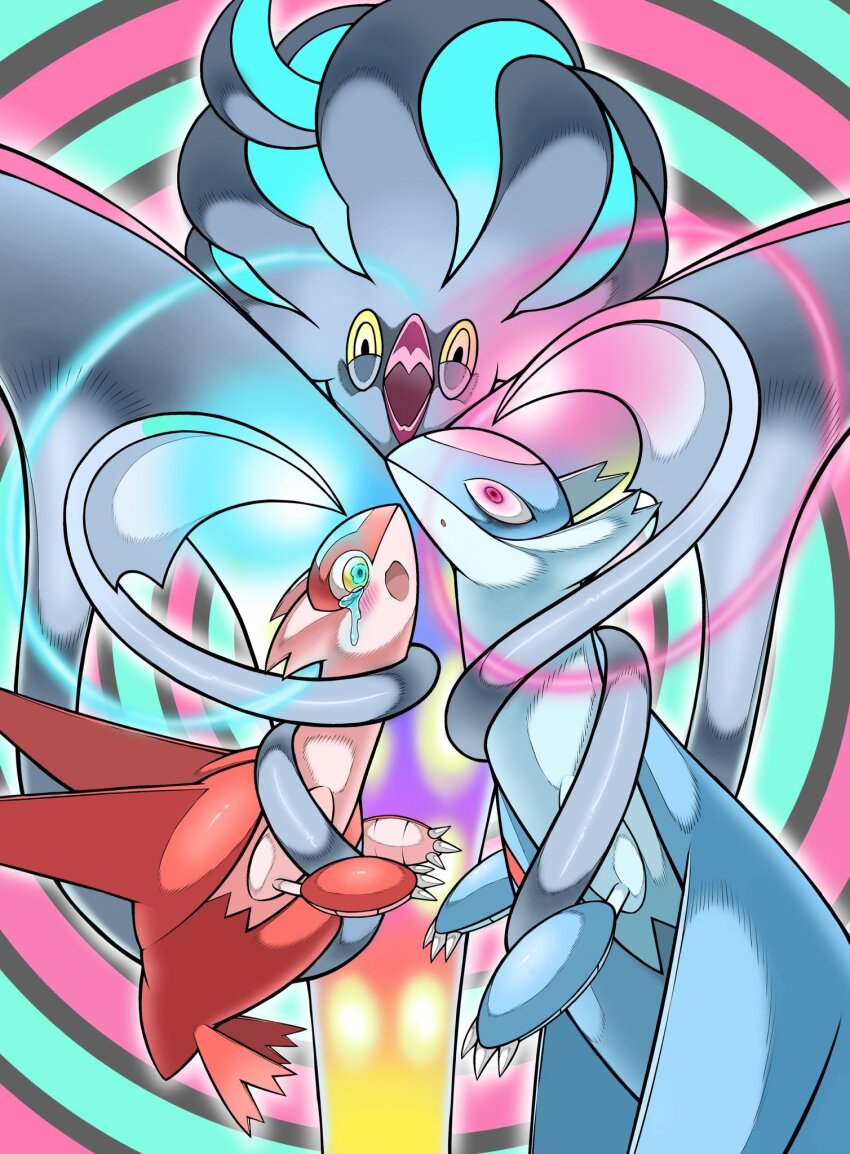 1boy, 1girl, 1other, :o, black_sclera, colored_sclera, dragon, evil_smile, forced, full_body, gen_3_pokemon, gen_6_pokemon, glowing, glowing_eyes, highres, hypnosis, latias, latios, legendary_pokemon, looking_at_viewer, malamar, mega_malamar, mega_pokemon, mind_control, nintendo, no_humans, open_mouth, pokemon, pokemon_(creature), pokemon_focus, restrained, shaded_face, smile, squid, tears, tentacles, watashihae, yellow_eyes