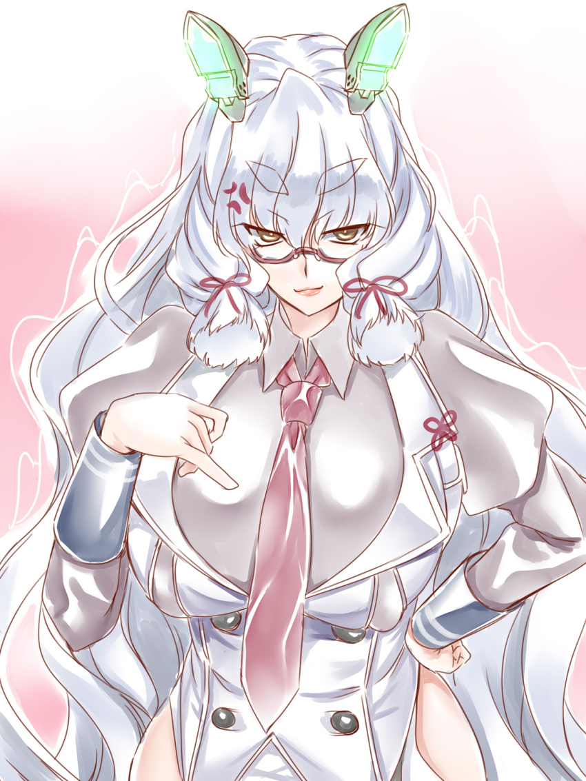 1girl, adapted_costume, aged_up, alternate_breast_size_(larger), biwa_hayahide_(umamusume), biwa_hayahide_(umamusume)_(cosplay), breasts, clothing_cutout, collared_shirt, cosplay, covered_erect_nipples, hair_ribbon, hakkai, headgear, highres, hip_vent, huge_breasts, juliet_sleeves, kantai_collection, lips, long_hair, long_sleeves, looking_at_viewer, murakumo_(kancolle), necktie, puffy_sleeves, red-framed_eyewear, red_necktie, ribbon, semi-rimless_eyewear, shirt, solo, thick_eyebrows, trait_connection, tress_ribbon, umamusume, very_long_hair, white_hair