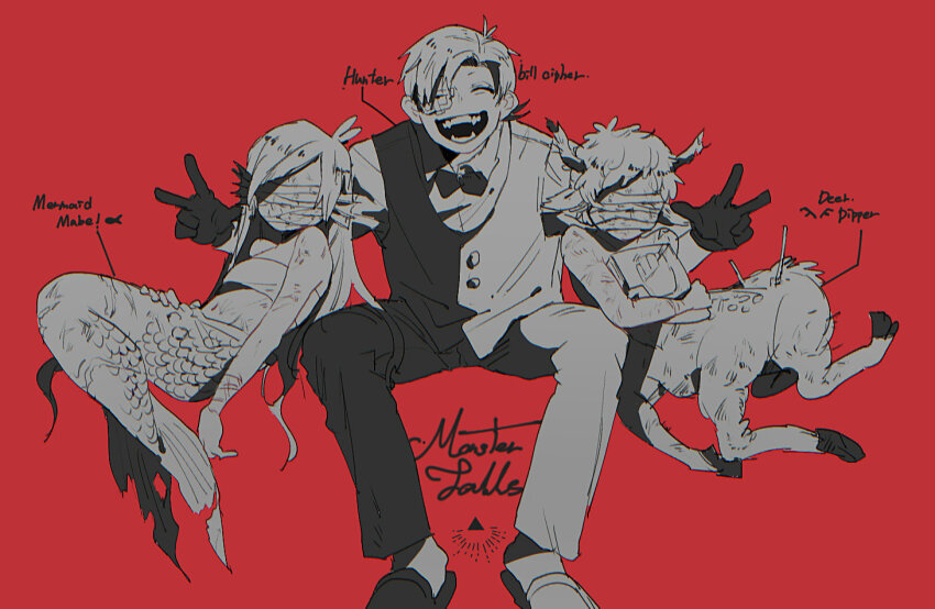 1girl, 2boys, animal_ears, bandaged_head, bandages, bill_cipher, centauroid, deer_boy, deer_ears, deerper_pines, dipper_pines, eyepatch, fangs, fins, gravity_falls, head_fins, injury, long_hair, mabel_pines, mermabel_pines, mermaid, monster_boy, monster_falls_(gravity_falls), monster_girl, monsterification, multiple_boys, neg_50asu, shirt, smile, tail, taur, teeth