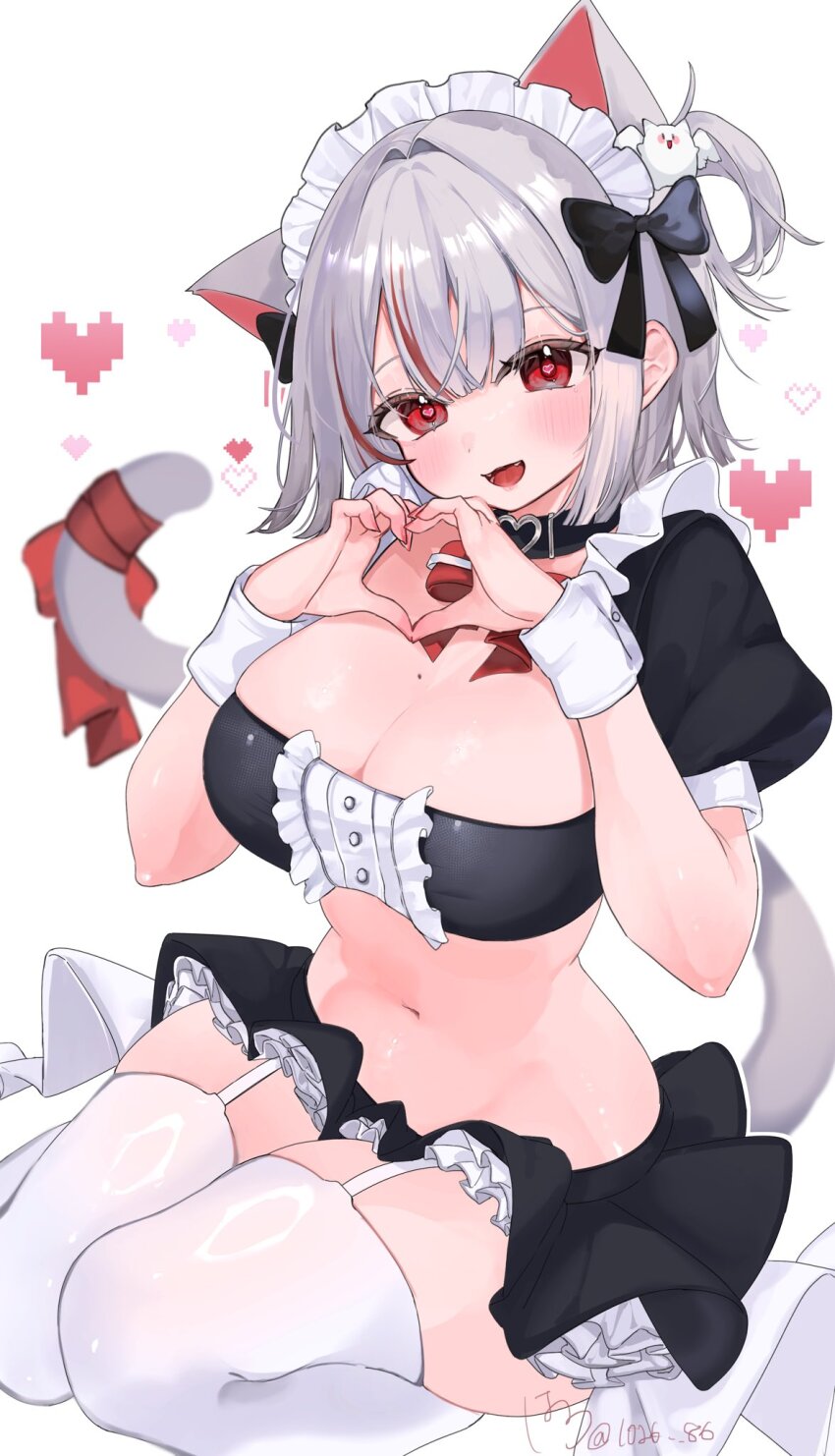 1girl, animal_ears, artist_name, black_collar, black_shirt, black_skirt, blush, bow