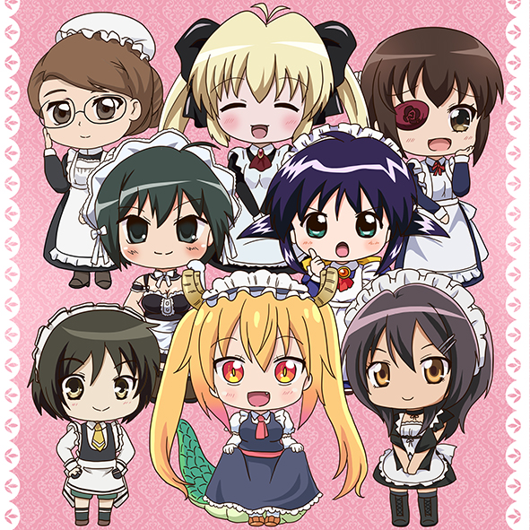 1boy, 6+girls, andou_mahoro, apron, ascot, ayuzawa_misaki, black_boots, black_bow, black_dress, blonde_hair, blue_dress, blue_hair, boots, bow, brown_eyes, brown_hair, chibi, closed_eyes, closed_mouth, crossdressing, crossdressing_(mtf), crossover, dragon_girl, dragon_horns, dragon_tail, dress, emma_(victorian_romance_emma), eyepatch, fang, frilled_apron, frills, glasses, gradient_hair, green_eyes, green_hair, hair_between_eyes, hair_bow, hair_ornament, hairclip, hanpen_moufu, hat, horns, kaichou_wa_maid-sama!, kamoi_tsubame, kobayashi-san_chi_no_maidragon, koharu_biyori_(mizuki_takehito), komiya_chihiro, kore_ga_watashi_no_goshujin-sama, long_hair, long_sleeves, looking_at_viewer, mahoromatic, maid, maid_apron, maid_headdress, male_maid, mob_cap, multicolored_hair, multiple_girls, nakabayashi_yoshitaka's_maid_uniform, necktie, open_mouth, orange_eyes, red_ascot, sawatari_izumi, short_hair, short_sleeves, shounen_maid, slit_pupils, smile, tail, tohru_(maidragon), trait_connection, twintails, uchi_no_maid_ga_uzasugiru!, victorian_romance_emma, white_apron, white_bow, yellow_necktie, yui_(koharu_biyori)