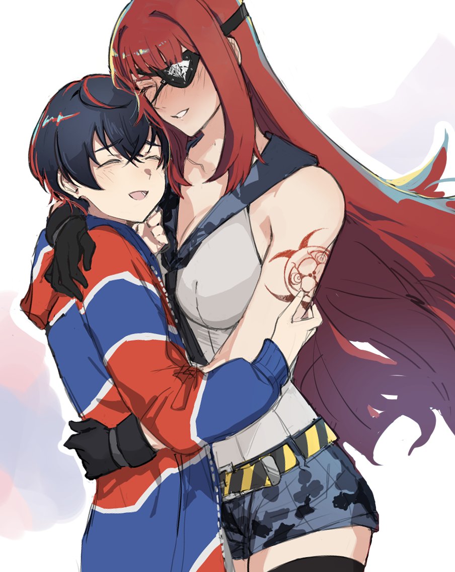 2girls, arm_tattoo, biohazard_symbol, black_hair, breasts, cleavage, commentary, eyepatch, gloves, hair_between_eyes, holding, hug, jacket, long_hair, long_sleeves, manji_fushicho, medium_breasts, multiple_girls, red_hair, rei_shimobe, shirt, short_hair, shuten_order, simple_background, sleeveless, sleeveless_shirt, tattoo, tencryingemojis, white_background, yuri