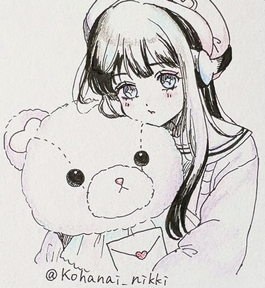 +_+, ai_(shining_nikki), beret, black_hair, blue_eyes, dot_nose, envelope, eyelashes