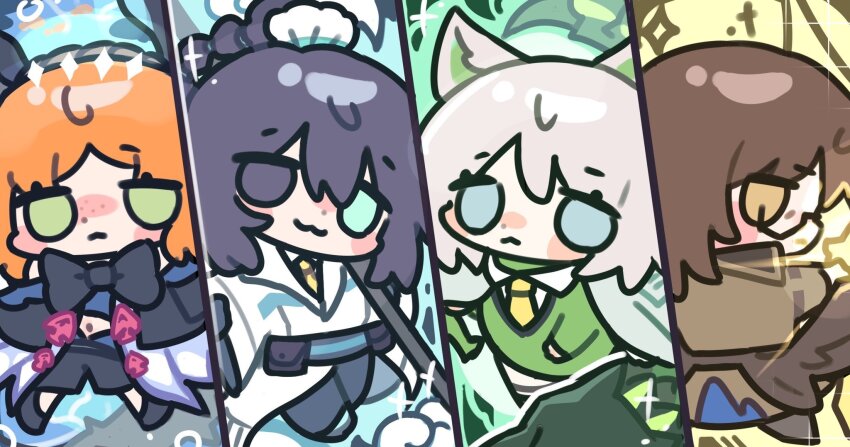 2boys, 2girls, arknights, black_eyes, black_hair, blue_eyes, brown_eyes, brown_hair