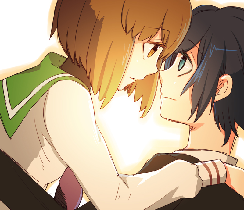 10s, bad_id, bad_pixiv_id, blue_hair, brown_hair, couple, eye_contact, hug, looking_at_another, mawaru_penguindrum, oginome_ringo, school_uniform, serafuku, short_hair, takakura_shouma, takeshiko