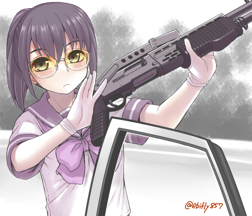 1girl, black_hair, dual-mode_shotgun, ebifly, gloves, gun, miami_vice, original