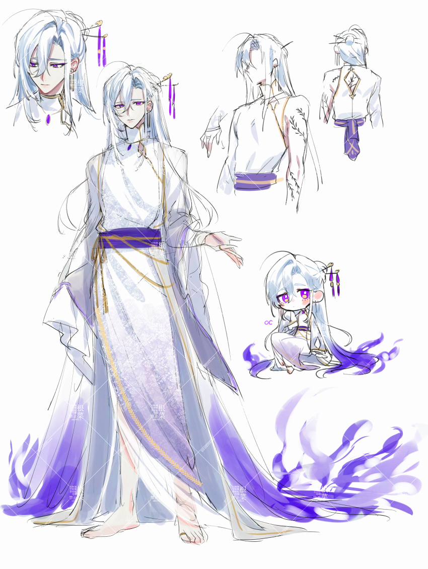 1boy, absurdly_long_hair, absurdres, anklet, arm_at_side, arm_tattoo, back_cutout, barefoot