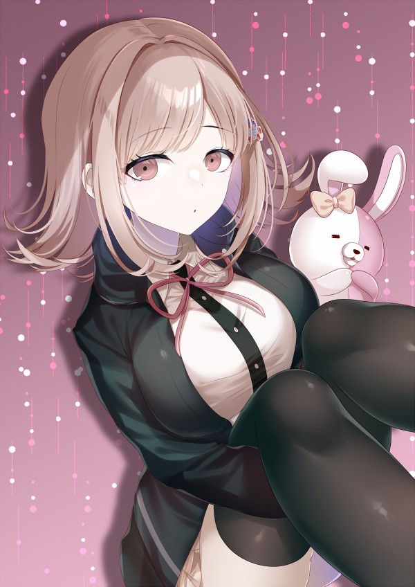 1girl, breasts, brown_hair, collared_shirt, danganronpa_(series), danganronpa_2:_goodbye_despair, flipped_hair, hair_ornament