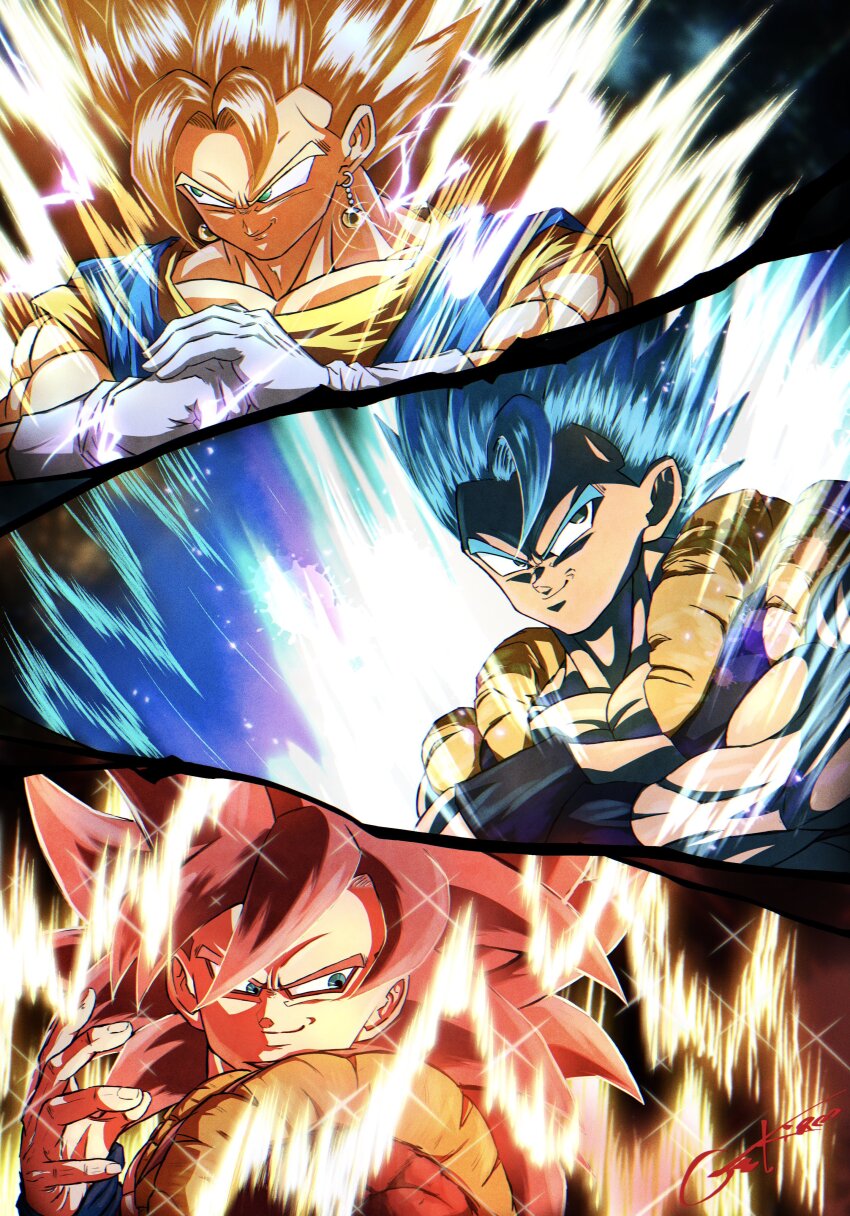 3boys, absurdres, aura, black_vest, blonde_hair, blue_eyes, blue_hair, body_fur