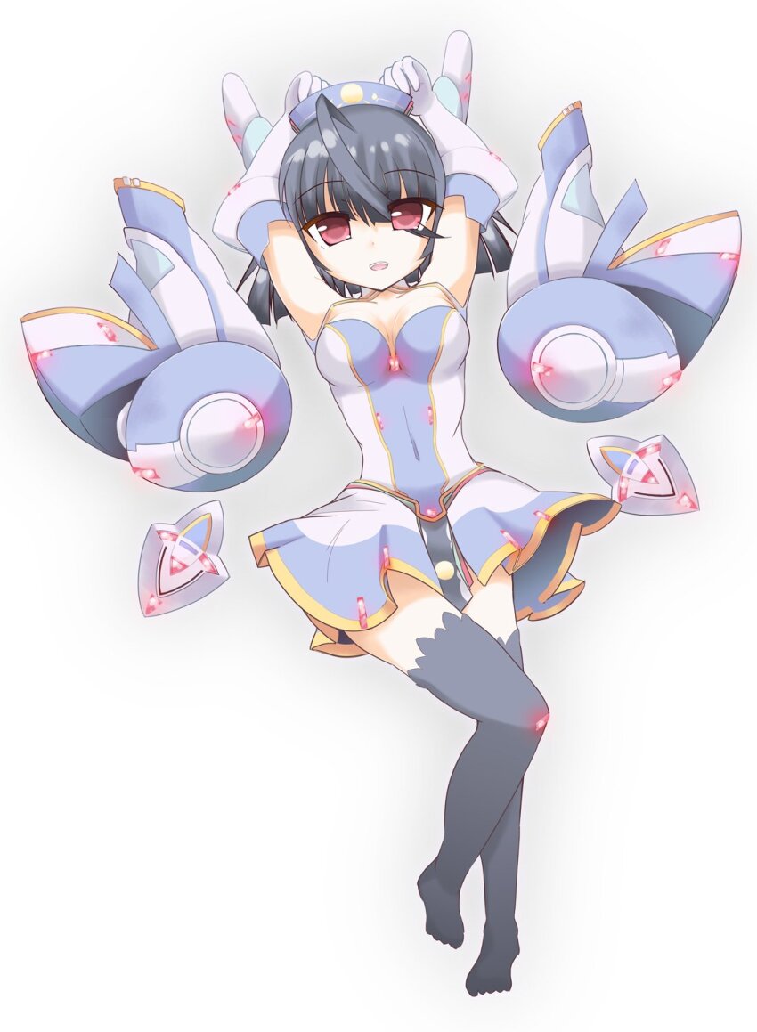1girl, ahoge, android, arms_up, black_hair, black_thighhighs, blue_dress, blue_hat