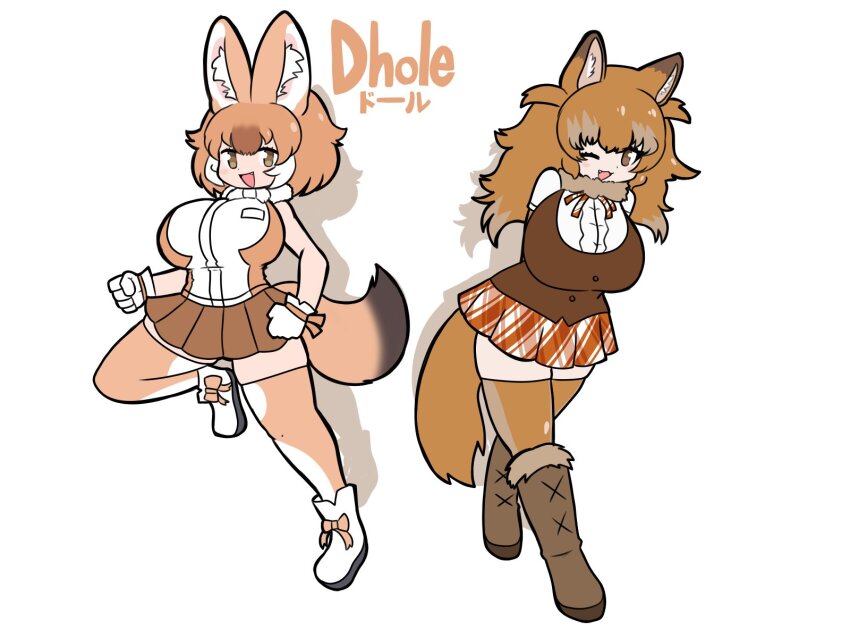 1girl, animal_ears, bare_shoulders, blush, bow, breasts, brown_eyes, brown_hair, dhole_(kemono_friends), dhole_(old_design)_(kemono_friends), dog_ears, dog_girl, dog_tail, dual_persona, elbow_gloves, extra_ears, fang, fur_collar, gloves, highres, kemono_friends, kemono_friends_3, large_breasts, long_hair, looking_at_viewer, multicolored_hair, one_eye_closed, open_mouth, shirt, short_hair, short_sleeves, skirt, sleeveless, smile, tail, technokuno, thighhighs, two-tone_hair, vest, white_hair