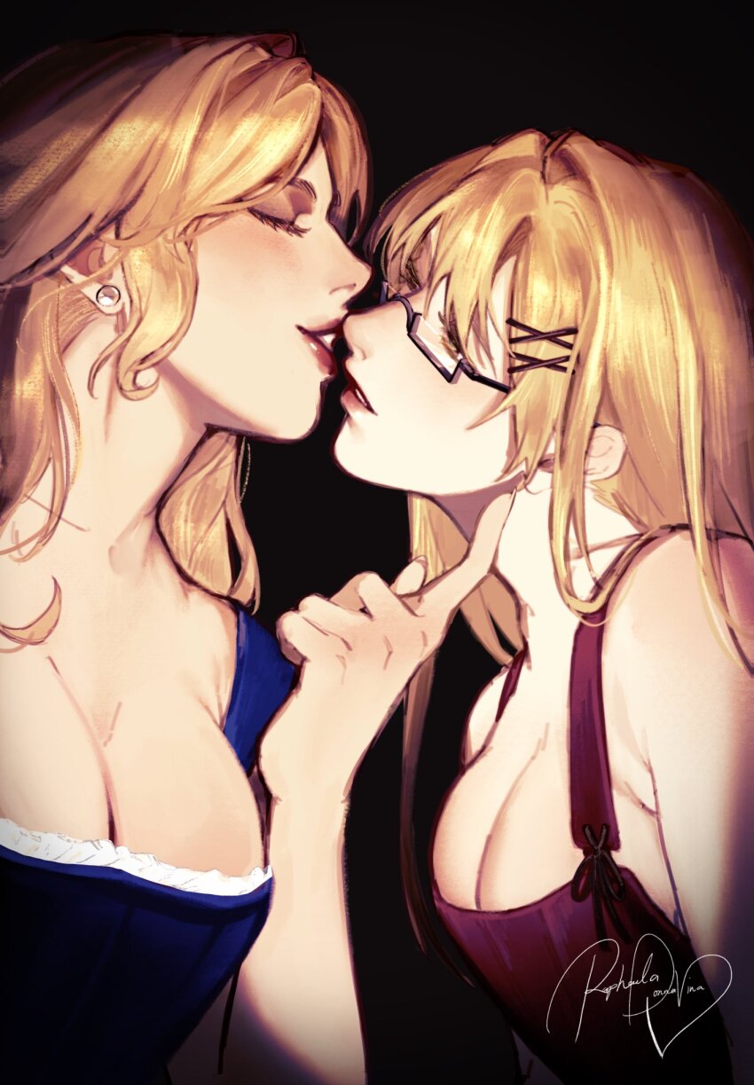 2girls, axis_powers_hetalia, black_background, blonde_hair, breasts, cleavage, closed_eyes, earrings, france_(female)_(hetalia), glasses, hair_down, hair_ornament, hairclip, highres, imminent_kiss, jewelry, large_breasts, long_hair, medium_breasts, multiple_girls, open_mouth, raphyraphadoom, red_lips, simple_background, smile, united_kingdom_(female)_(hetalia), upper_body, yuri