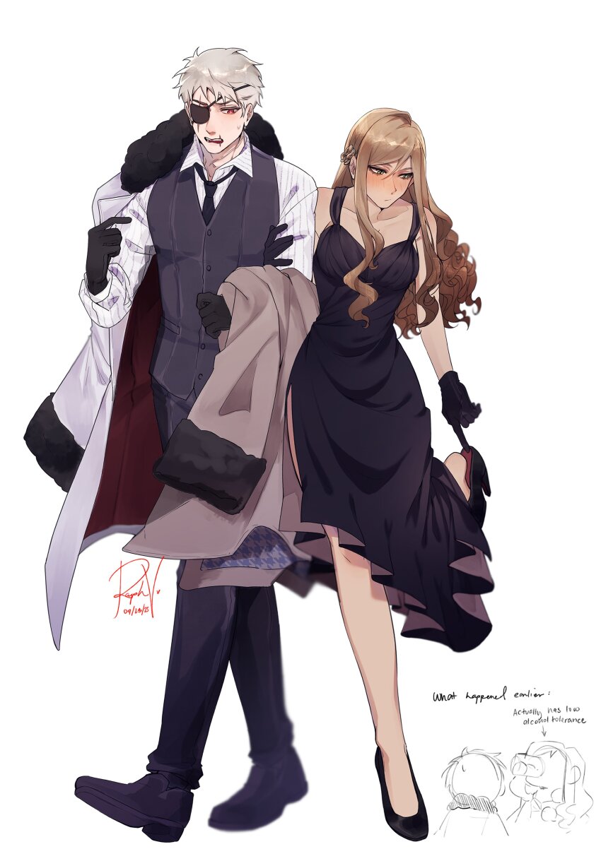 1boy, 1girl, absurdres, axis_powers_hetalia, blush, brown_hair, coat, coat_on_shoulders