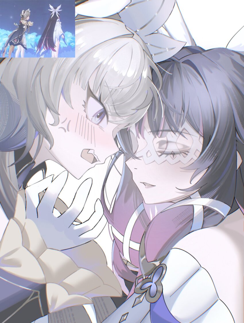 2girls, anger_vein, big_itachi, black_dress, black_hair, blue_eyes, brown_hair, closed_eyes