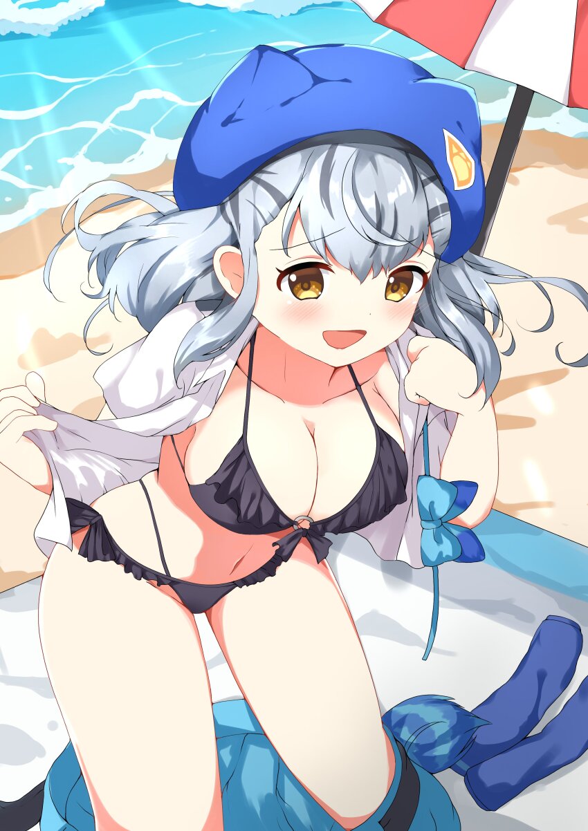 1girl, absurdres, beach, beach_towel, beach_umbrella, beret, bikini, black_bikini