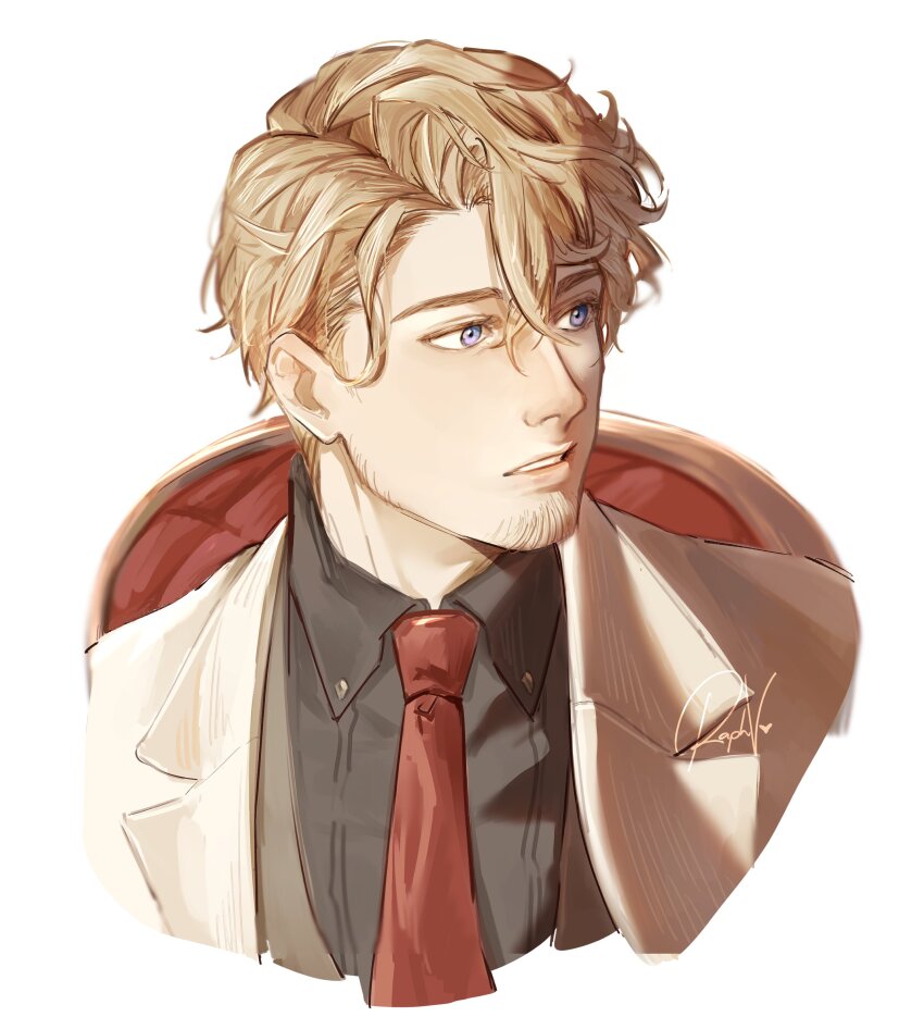 1boy, absurdres, axis_powers_hetalia, blonde_hair, collared_shirt, cropped_torso, facial_hair, france_(hetalia)