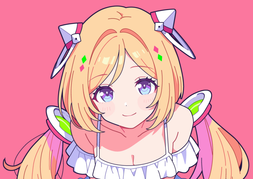 1girl, aki_rosenthal, bare_shoulders, blonde_hair, blue_eyes, blush_stickers, bob_cut, breasts