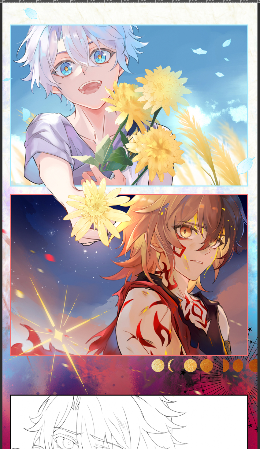 2boys, arm_tattoo, armlet, black_shirt, blonde_hair, blue_eyes, chest_tattoo, chinese_commentary