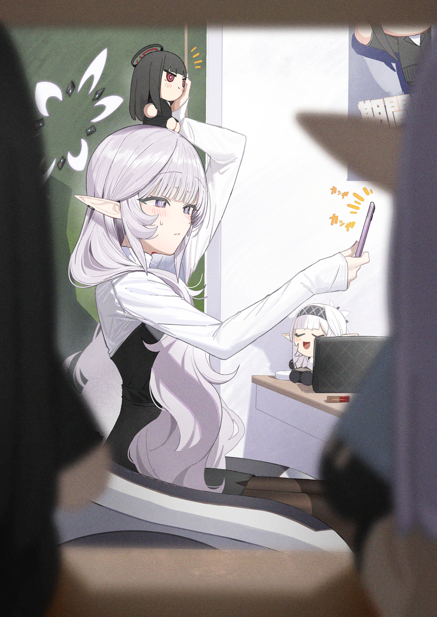 1girl, alternate_costume, alternate_hairstyle, blue_archive, casual, character_doll, doll, from_side, grey_halo, halo, highres, himari_(blue_archive), holding, holding_phone, holding_stuffed_toy, long_hair, long_pointy_ears, long_sleeves, multicolored_halo, phone, pointy_ears, powered_wheelchair, rio_(blue_archive), selfie, shirt, sitting, solo, stuffed_toy, stuffed_toy_on_head, two-tone_halo, two-tone_shirt, wheelchair, white_hair, white_halo, white_shirt, zanya_000