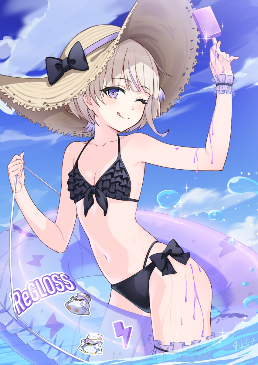 1girl, ;q, banpen_(todoroki_hajime), bikini, black_bikini, black_bow, blue_sky, bow