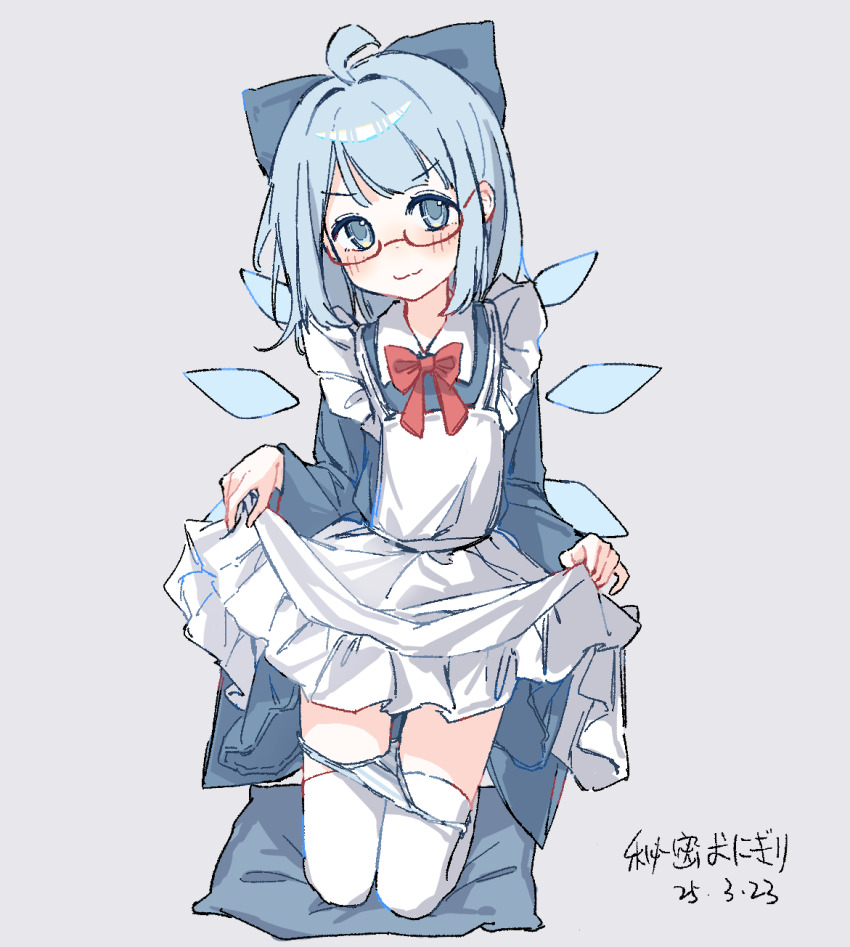 1girl, ahoge, alternate_costume, apron, blue_bow, blue_dress, blue_eyes, blue_hair