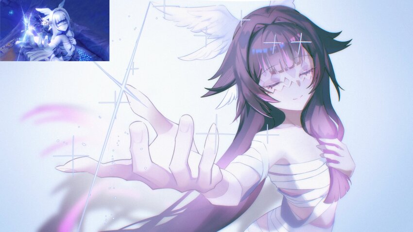 1girl, bandages, bare_shoulders, big_itachi, black_hair, closed_eyes, closed_mouth, columbina_(genshin_impact)