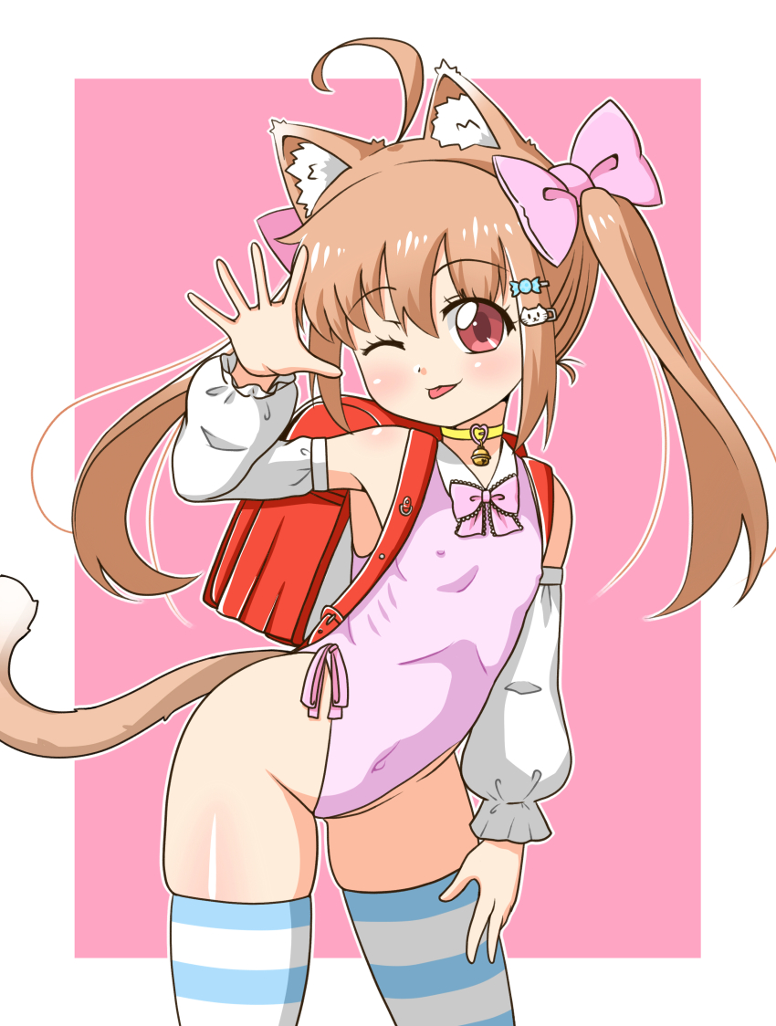 absurdres, ahoge, animal_ears, backpack, bag, black_thighhighs, brown_hair, cat_ears