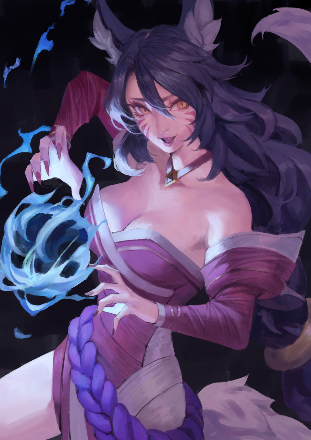 1girl, 2xko, ahri_(league_of_legends), animal_ear_fluff, breasts, cleavage, cowboy_shot, detached_sleeves, facial_mark, fox_girl, fox_tail, highres, incoming_attack, large_breasts, league_of_legends, long_hair, looking_at_viewer, phamoz, riot_games, solo, standing, tail, very_long_hair, whisker_markings