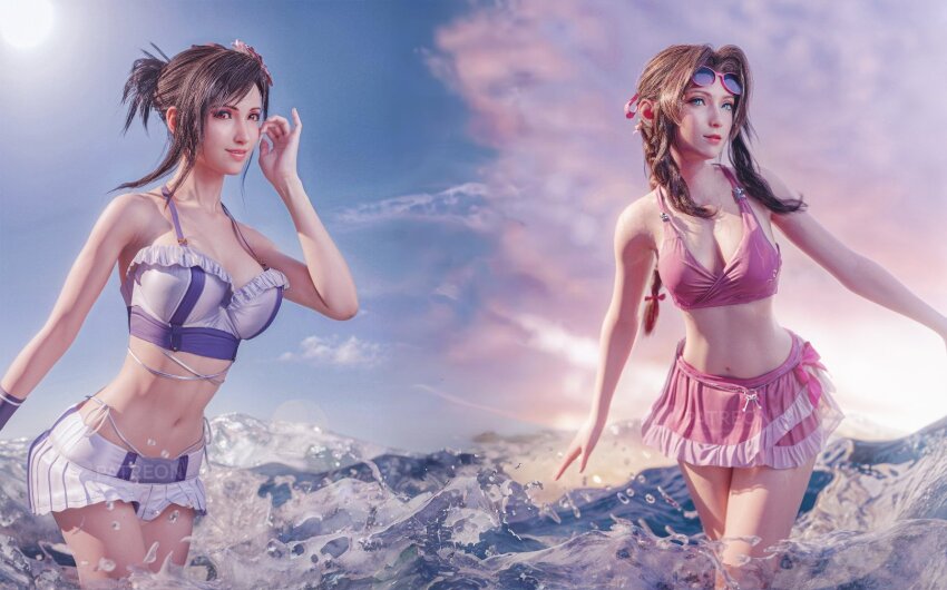 2girls, 3d, aerith_gainsborough, bare_arms, bare_shoulders, bikini, bikini_skirt, braid