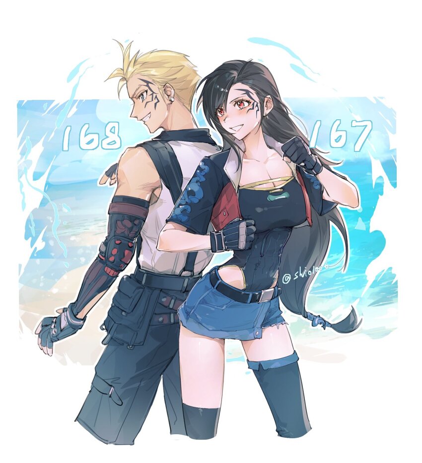 1boy, 1girl, back-to-back, bare_shoulders, black_gloves, black_hair, black_leotard, black_shorts, black_sleeves, black_thighhighs, blonde_hair, blue_eyes, blue_skirt, border, breasts, cleavage, collarbone, cosplay, costume_switch, cowboy_shot, cropped_jacket, cropped_legs, denim, denim_skirt, dolphin_hair_ornament, earrings, elbow_gloves, elbow_pads, facial_tattoo, fighting_stance, final_fantasy, final_fantasy_vii, final_fantasy_vii_remake, final_fantasy_viii, fingerless_gloves, gloves, grin, hair_between_eyes, highres, jewelry, large_breasts, leotard, lily_(shio1006), long_hair, low-tied_long_hair, miniskirt, ocean, parted_lips, red_eyes, short_hair, shorts, single_earring, single_elbow_pad, skirt, smile, spiked_hair, suspenders, tank_top, tattoo, teeth, thighhighs, tifa_lockhart, tifa_lockhart_(cosplay), twitter_username, white_border, white_tank_top, zell_dincht, zell_dincht_(cosplay)