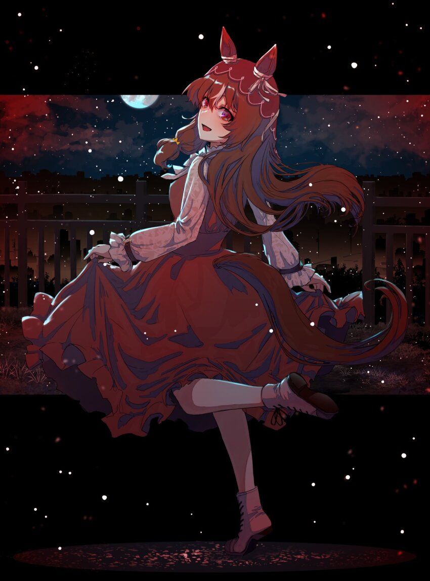 1girl, animal_ears, blush, bow, brown_hair, chourui_keiko, dress, ear_ribbon