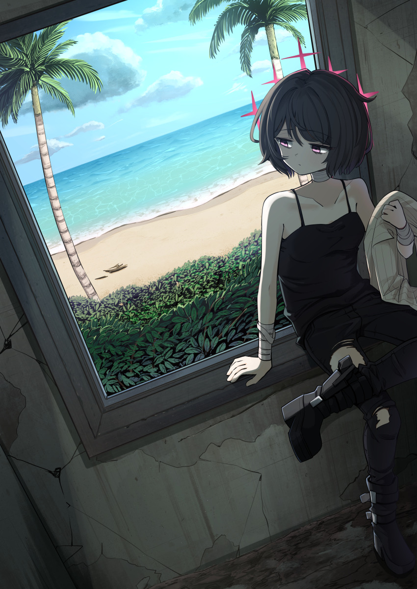1girl, absurdres, ankle_holster, bags_under_eyes, bandaged_arm, bandaged_neck, bandages, beach