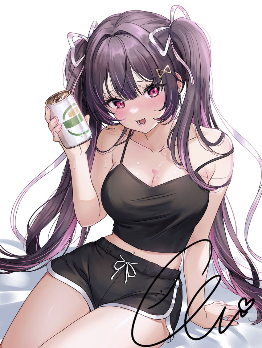 1girl, bare_arms, black_shorts, black_tank_top, blush, breasts, can, cleavage, collarbone, commentary, commission, dolphin_shorts, drink_can, ella_7737, english_commentary, hair_ornament, hand_up, highres, large_breasts, long_hair, looking_at_viewer, midriff, open_mouth, original, pink_eyes, purple_hair, short_shorts, shorts, signature, simple_background, sitting, solo, sweat, tank_top, twintails, very_long_hair, white_background