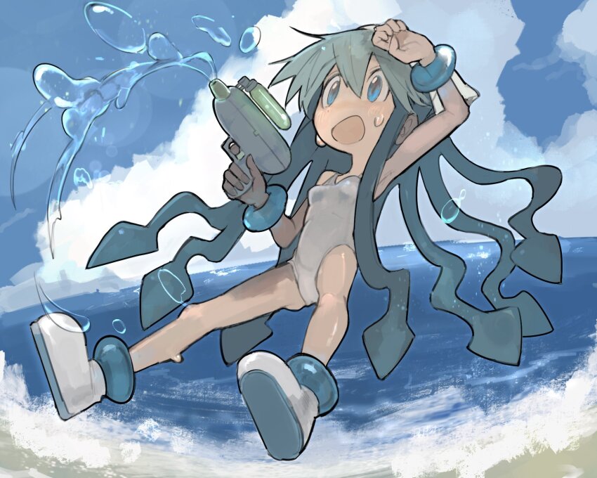 1girl, arm_up, beach, blue_eyes, blue_hair, bracelet, breasts, child