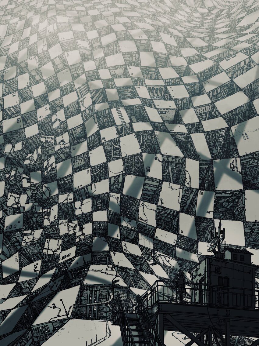 1girl, absurdly_detailed_composition, absurdres, building, city, cityscape, greyscale, highres, kamikairo, monochrome, original, outdoors, railing, road, satellite_dish, scenery, science_fiction, shadow, skirt, skyscraper, stairs, standing, surreal, wide_shot