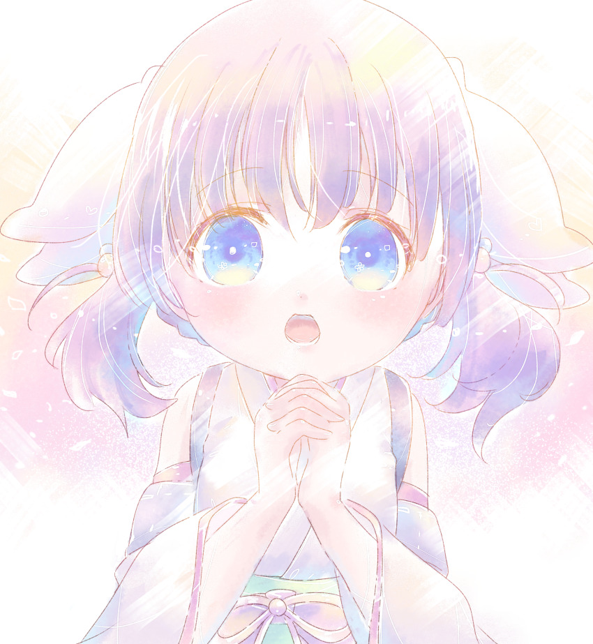 1girl, :o, blue_eyes, haizakura_(prima_doll), highres, japanese_clothes, kimono, looking_at_viewer, nankou_tsuruhashi, own_hands_clasped, own_hands_together, prima_doll_(anime), short_twintails, solo, twintails