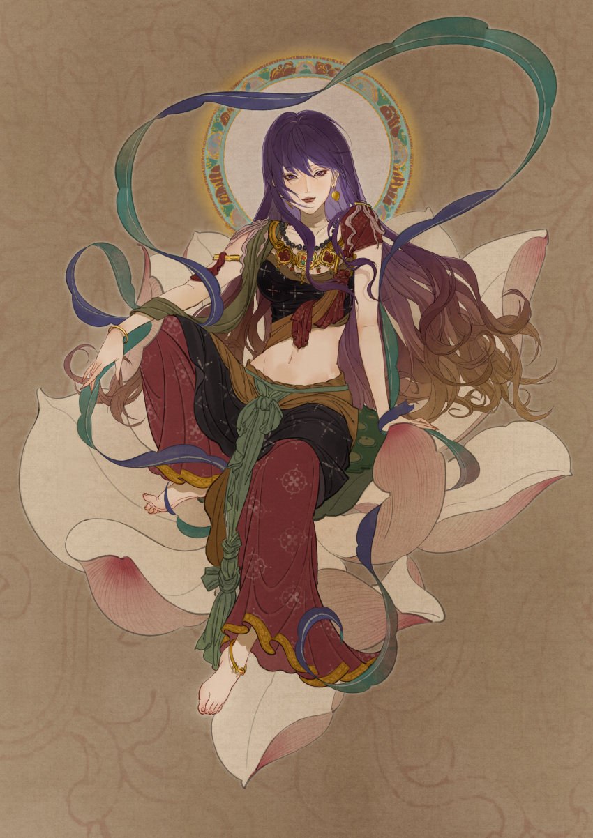 1girl, absurdres, anklet, asian_indian_clothes, barefoot, bead_necklace, beads, blonde_hair