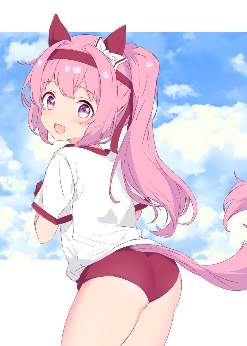1girl, :d, animal_ears, ass, blue_sky, blush, bow, buruma, cloud, commentary, cowboy_shot, day, ear_bow, ear_covers, fingerless_gloves, flower-shaped_pupils, flower_in_eye, from_behind, funamori, gloves, gym_shirt, gym_uniform, hairband, haru_urara_(bestest_prize)_(umamusume), haru_urara_(umamusume), headband, highres, horse_ears, horse_girl, horse_tail, long_hair, looking_at_viewer, looking_back, no_jacket, open_mouth, outdoors, pink_hair, pink_tail, ponytail, purple_eyes, red_buruma, red_gloves, red_headband, shirt, sky, smile, solo, symbol-shaped_pupils, symbol_in_eye, tail, umamusume, white_bow, white_shirt