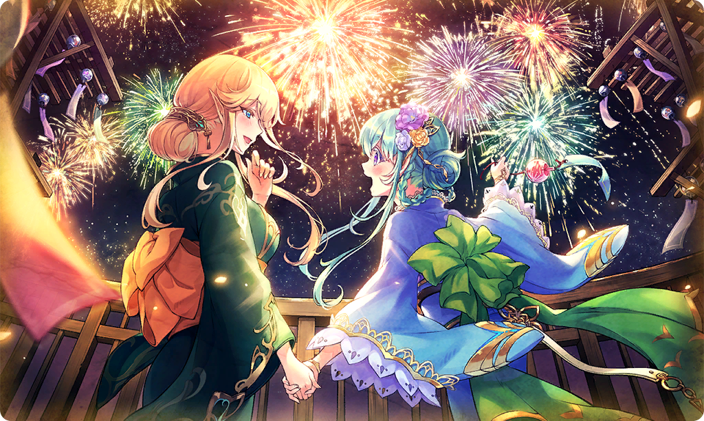 2girls, aerial_fireworks, ainanna_(ta_ga_tame_no_alchemist), aqua_kimono, blonde_hair, blue_kimono, commentary, eye_contact