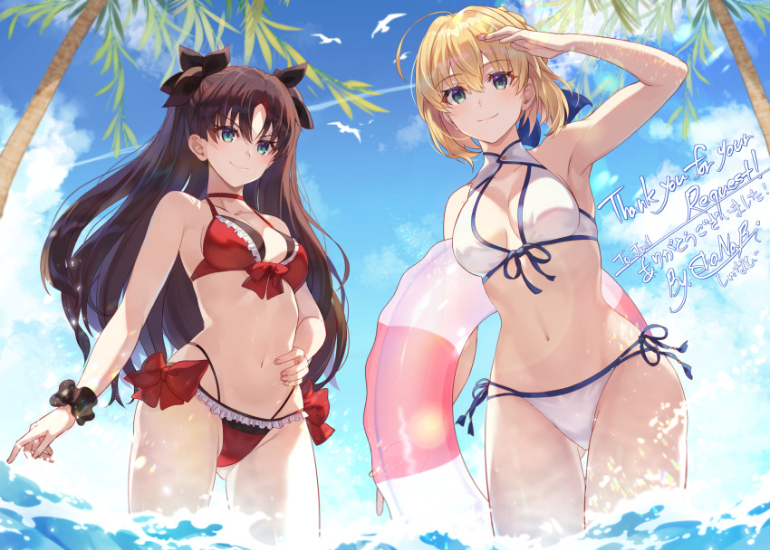 2girls, alternate_costume, artoria_pendragon_(fate), bikini, blonde_hair, blue_sky, breasts, closed_mouth, cloud, commission, fate/stay_night, fate_(series), gluteal_fold, hand_on_own_hip, highres, looking_at_viewer, medium_breasts, multiple_girls, red_bikini, saber_(fate), salute, shanabi0610, skeb_commission, sky, swimsuit, thank_you, thigh_gap, tohsaka_rin, wading, water, white_bikini