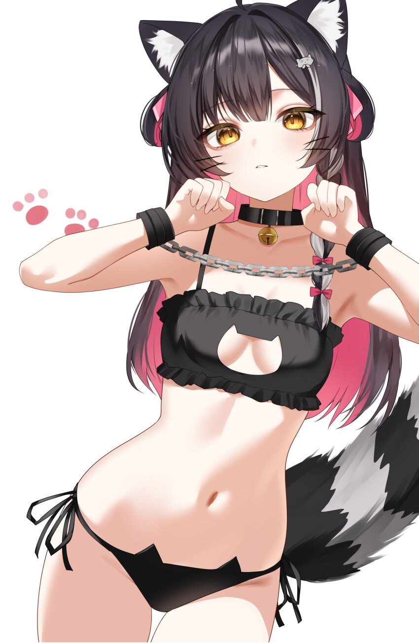 1girl, absurdres, animal_ears, bell, black_bra, black_hair, black_panties, bound
