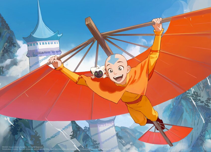 1boy, 2025, aang, animal, animal_on_shoulder, architecture, avatar:_the_last_airbender, avatar_legends, bald, bodysuit, boots, brown_boots, capelet, child, east_asian_architecture, full_body, hang_gliding, head_mark, highres, lemur, magic:_the_gathering, male_focus, momo_(avatar), nickelodeon, official_art, open_mouth, orange_bodysuit, orange_capelet, outdoors, smile, yueko_(jiayue_wu)