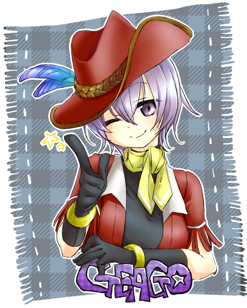 1girl, black_gloves, black_shirt, breasts, character_name, cowboy_hat, emil_chronicle_online, gigo_alma, gloves, hat, hat_feather, jacket, k_forest, medium_breasts, one_eye_closed, pointing, pointing_up, purple_eyes, purple_hair, red_hat, red_jacket, scarf, shirt, smile, solo, spoken_star, star_(symbol), wrist_cuffs, yellow_scarf, yellow_wrist_cuffs