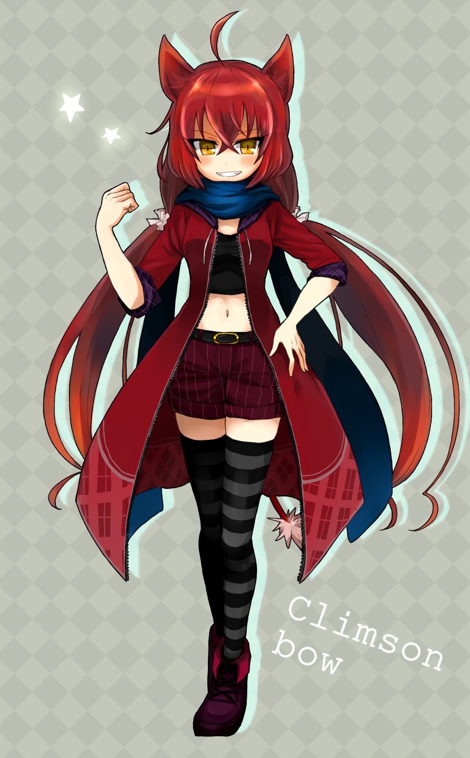 ahoge, animal_ears, black_tank_top, black_thighhighs, blue_scarf, boots, bow, breasts, character_name, crimsonbow_alma, dog_ears, dog_girl, dog_tail, ecorua_ha, emil_chronicle_online, grey_thighhighs, hair_bow, highres, jacket, long_hair, low_twintails, navel, red_boots, red_hair, red_jacket, red_shorts, scarf, shorts, small_breasts, standing, striped_clothes, striped_thighhighs, tail, tank_top, thighhighs, twintails, yellow_eyes