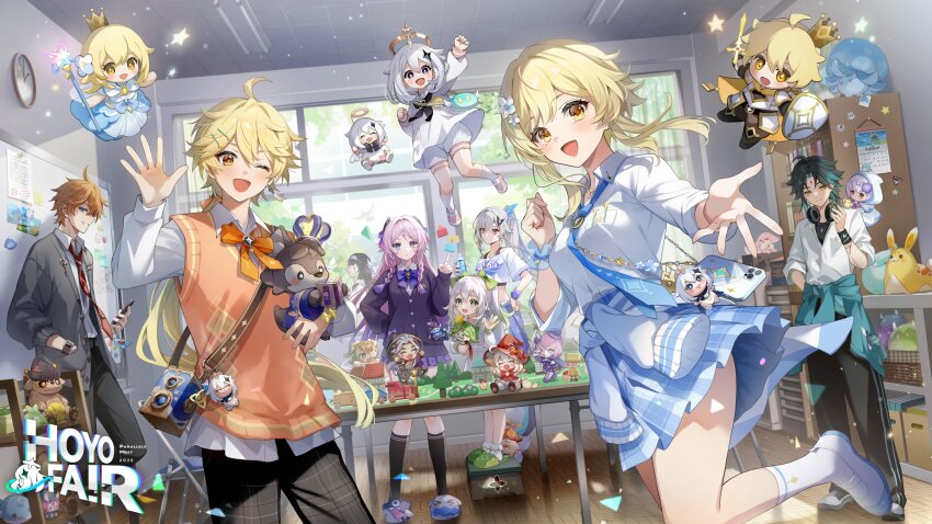 3boys, 5girls, absurdres, aether_(genshin_impact), aether_(parallels_meet_school)_(genshin_impact), alternate_costume, aqua_hair, aranara_(genshin_impact)