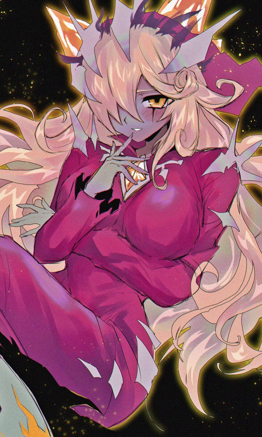 1girl, asymmetrical_bangs, black_background, blonde_hair, blush, breasts, commentary, crossed_arms, duel_monster, embers, feet_out_of_frame, finger_to_mouth, fingernails, glowing, grin, hair_over_one_eye, hat, highres, horns, large_breasts, legs_folded, legs_up, long_fingernails, long_hair, long_sleeves, looking_at_viewer, mementotlan_angwitch, open_mouth, pants, purple_hat, purple_pants, purple_shirt, shirt, simple_background, sitting, smile, solo, yellow_eyes, yu-gi-oh!, zapi666